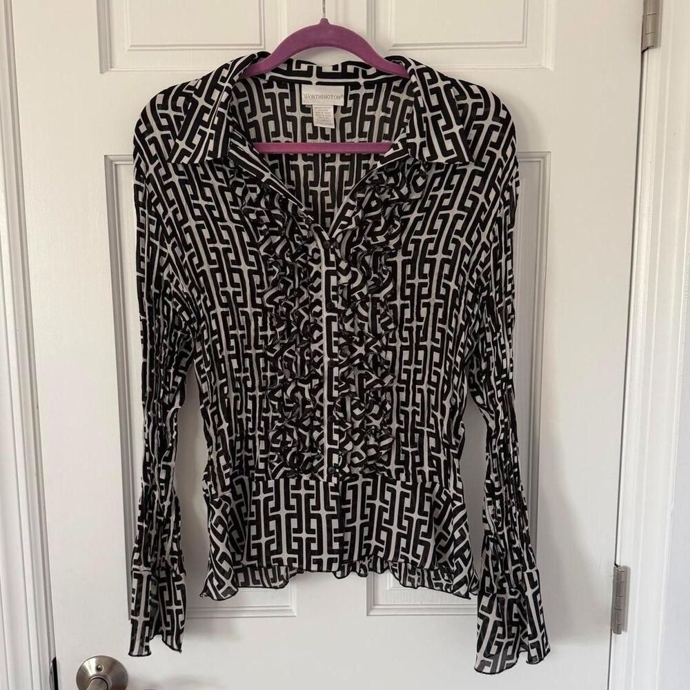 vintage y2k preppy retro Worthington black & white geometric patterned blouse XL